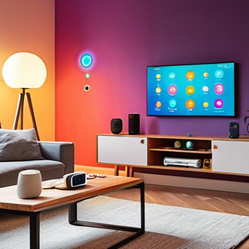 Home 4 **Image Prompt:** A brightly lit, modern living room featuring a diverse array of smart home devices. Focus on a central smart hub with voice assistant glowing softly. Show a smart thermostat on the wall, smart bulbs casting colorful light, and a security camera discreetly placed. The overall atmosphere is one of seamless integration and effortless control. Concept art, digital painting, photorealistic elements.
